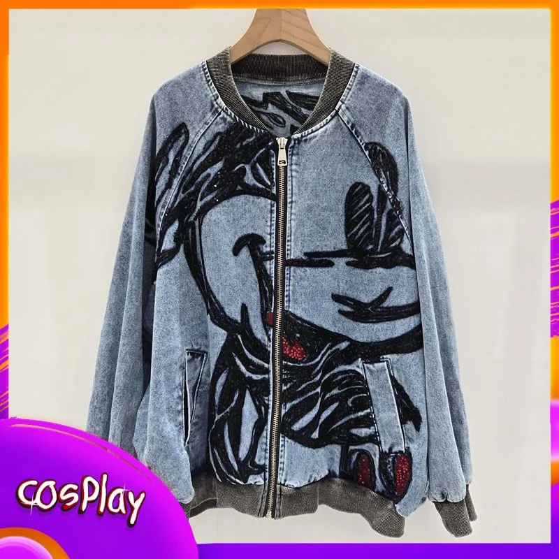 

Куртка с Микки для женщин, джинсовое пальто с героями мультфильмов Диснея, повседневная мода, модный топ с длинными рукавами и вышивкой, свободная одежда для девочек, подарок