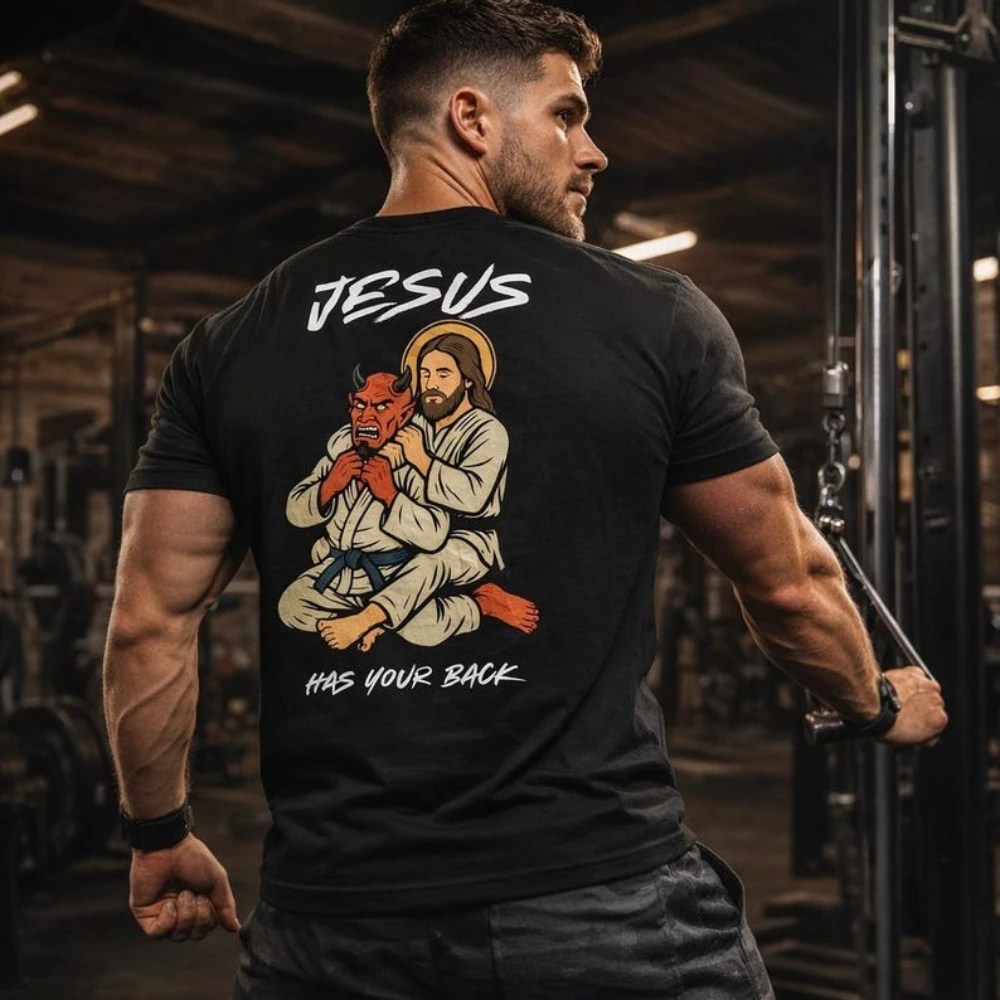 Jesus Has Your Back Jiu Jitsu T-Shirt Funny Christian BJJ Grappling Tee Men Crewneck Cotton Short Sleeve Summer Fashion Shirt