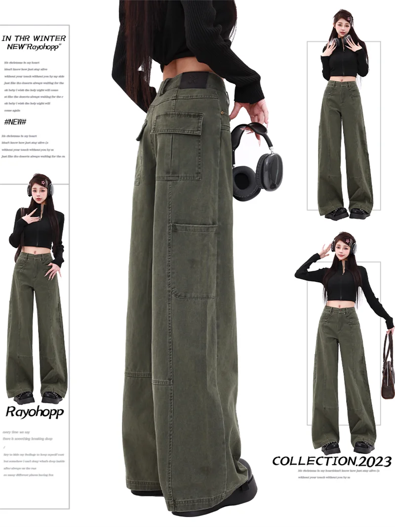 WCFCX STUDIO American Style High Street Military Green Jeans Straight Wide Leg Jeans Casual Women Lazy Style Cargo Pants