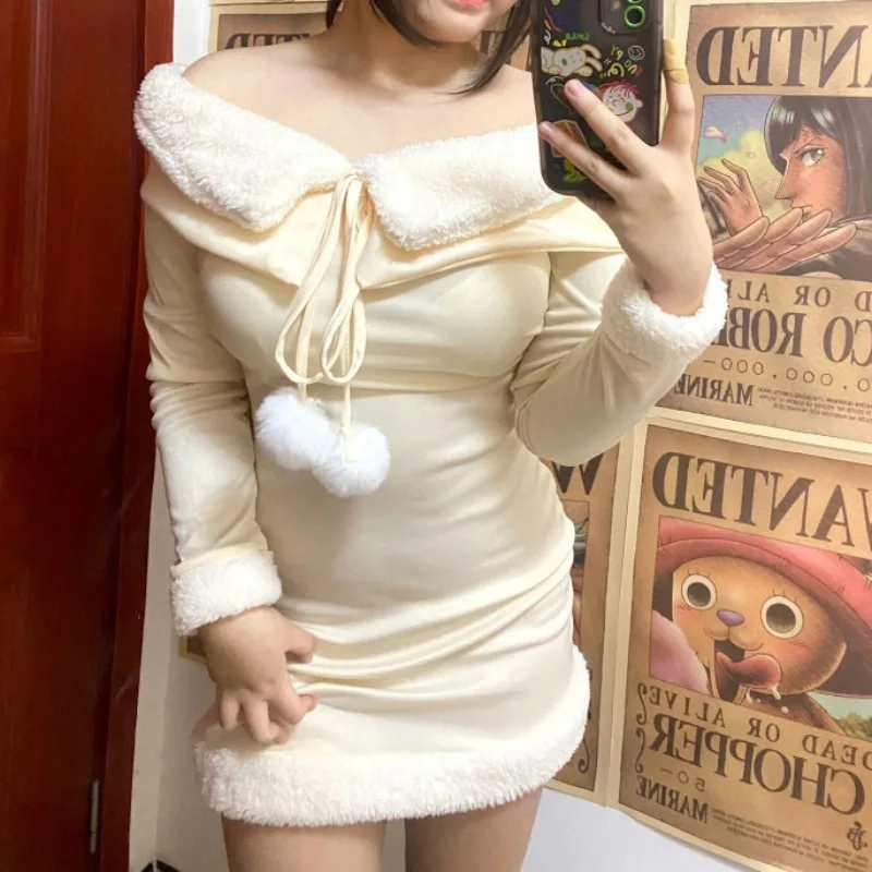 فستان حفلات أعياد الميلاد أنيق مكشوف الأكتاف على الموضة الكورية للنساء فساتين قصيرة مثيرة بياقة من الفرو الصناعي #6