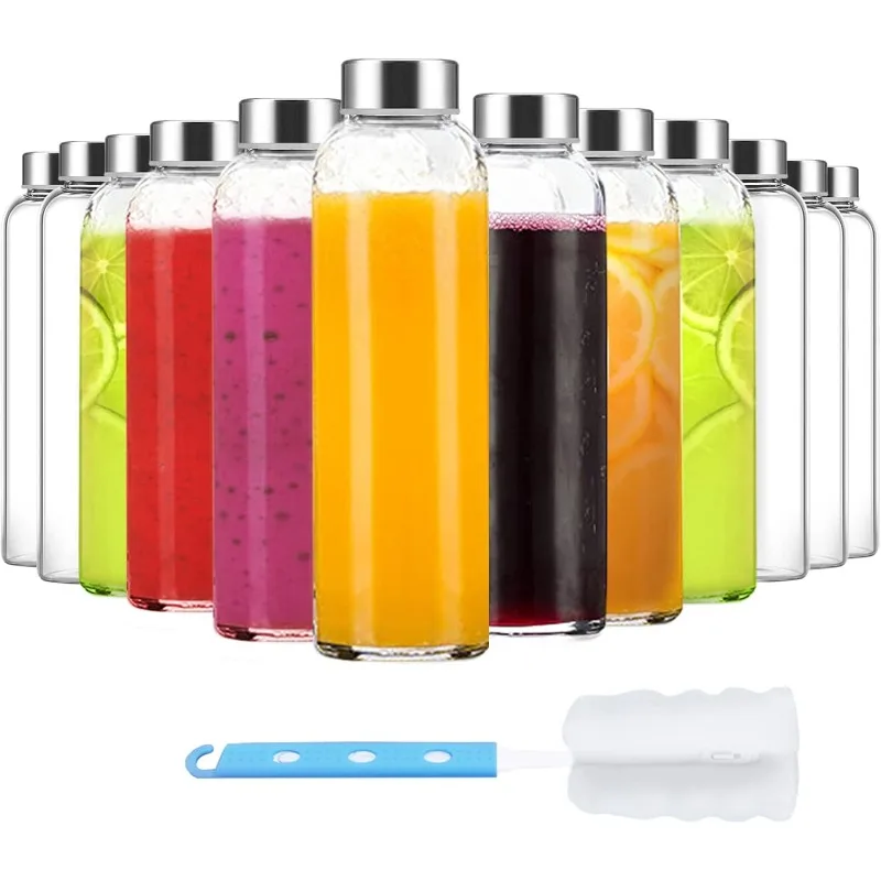 

Bottles with Lids 18 oz, Reusable Glass Water Bottles with Stainless Steel Cap for Juicing,Refrigerator,100% Leak Proof,