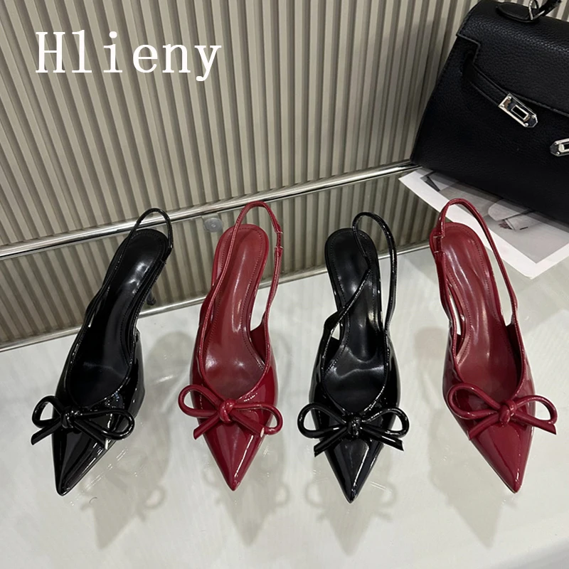 Hlieny  Street Style Patent Leather Slingbacks Woman Pumps Sexy Bowknot Pointed Toe Red High Heels Wedding Party Female Shoes