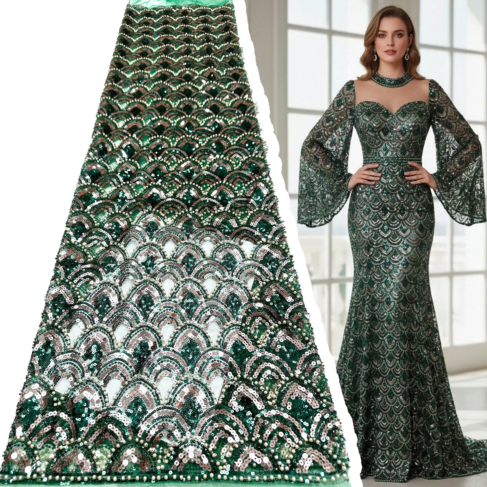 

Emerald Luxury African Groom Beaded Lace Fabric 2026 Exclusive Nigerian French Sequin Tulle Lace Fabric Bridal Party Dresses