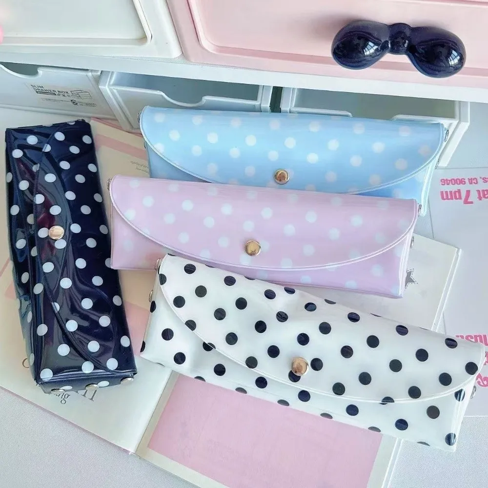 PVC Polka Dot Pencil Case Snap Button Closure Lightweight Storage Pouch Portable Design Korean Style Stationery Organizer