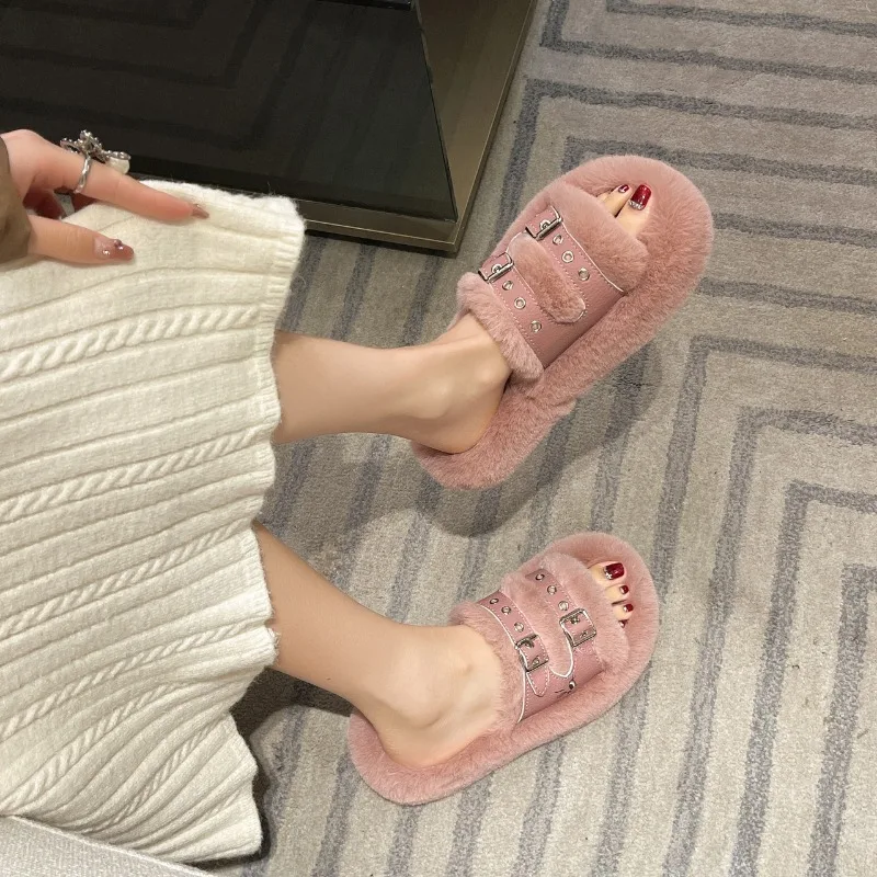 

New Winter Woman Slipper Flat Shoes Female Slides Platform Fashion Pantofle Heeled Mules Soft Luxury Ladies Slipper Plush Shoes