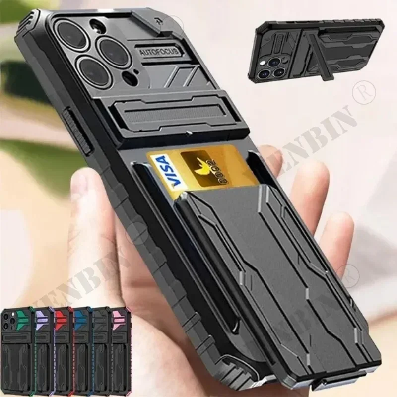 Case For iPhone 16 15 14 13 12 11 Pro Max Plus XR 8 7 Plus Anti Shock KickStand Bracket Card Slot Case