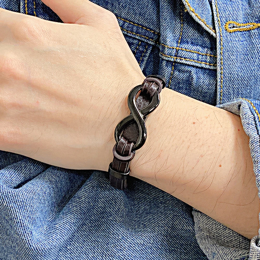 JHSL Brand New Male Men Statement Infinity Charm Bracelets Bangles High Quality Black and Brown Leather