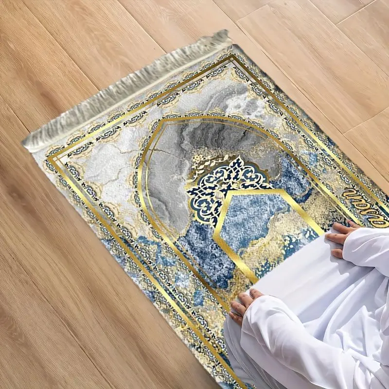 VIKAMA Blue Grey Marble Gilded Ancient City Arch Prayer Mat, Durable & Washable, Elegant Kneeling Rug for Mosque Use