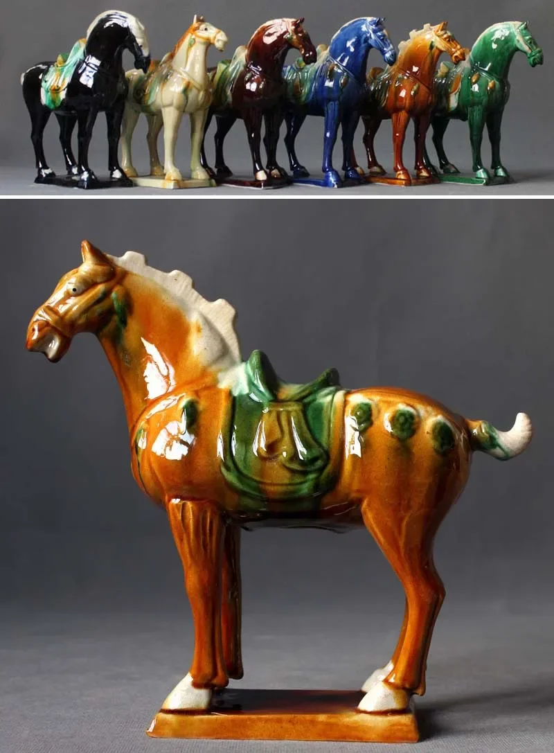 Chinese Tang Tri-Color Glazed Ceramics War Horse Porcelain Statue 8.27 inch Home Ornaments