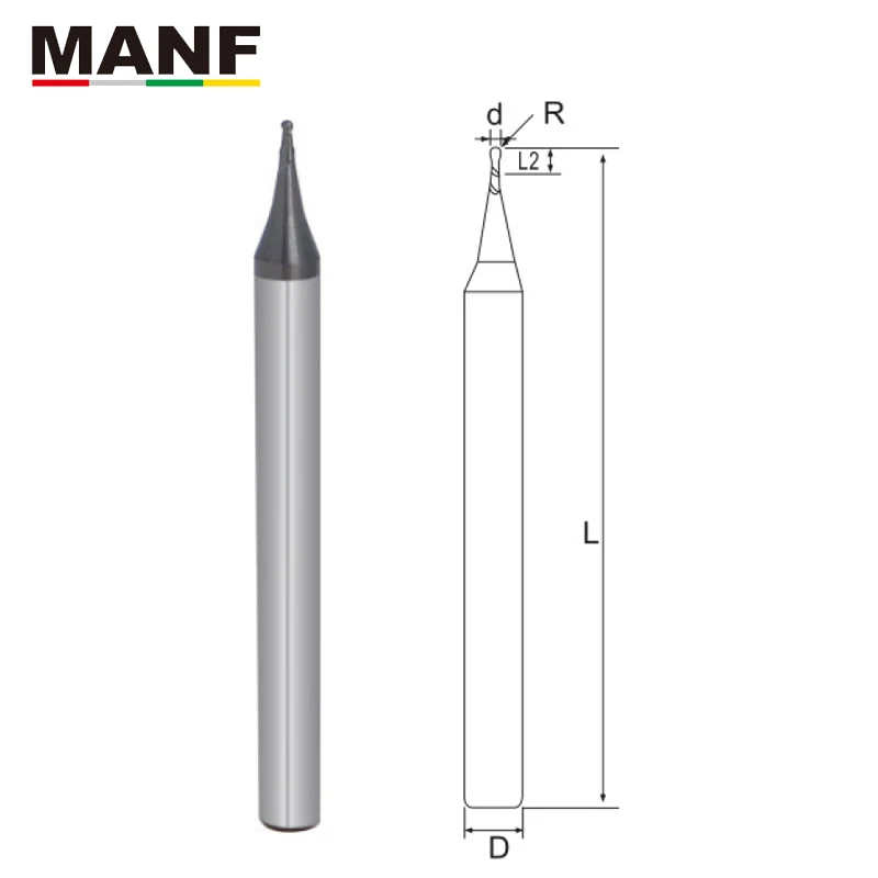 MANF Milling Cutter 2 Flute R0.2mm R0.3mm Stainless Small Diameter Ball Endmills Tungsten Steel SUS Sprial Ball Nose End Milll