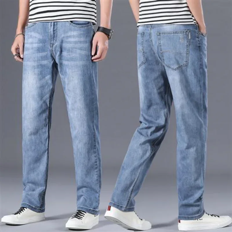 

Male Cowboy Pants Straight Trousers with Pockets Jeans for Men Light Blue Original Y2k Streetwear Washed Kpop Stylish Plus Size