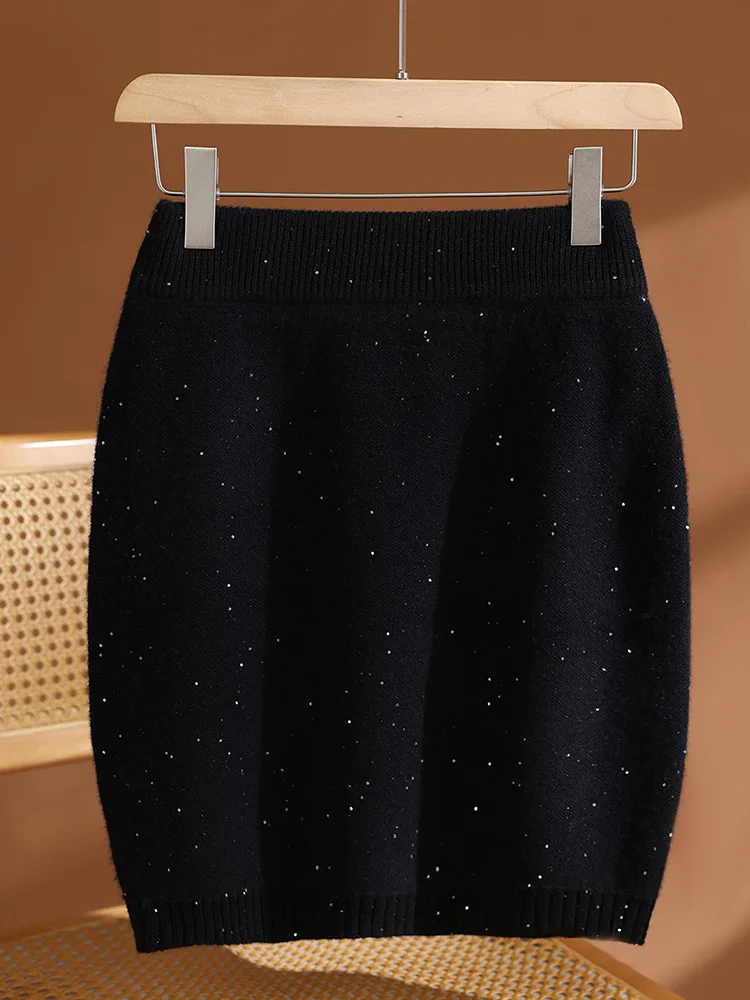 Gonna di lana da donna autunno inverno a vita alta addensare mini gonna con paillettes sottile sopra il ginocchio abito da donna da ufficio 100% lana merino lavorata a maglia