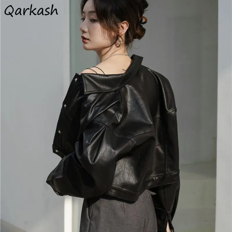 

Fashion PU Leather Jackets Coats Women Chic Short Loose Long Sleeved Vintage Ulzzang All-match Streetwear Causal Mujer Female