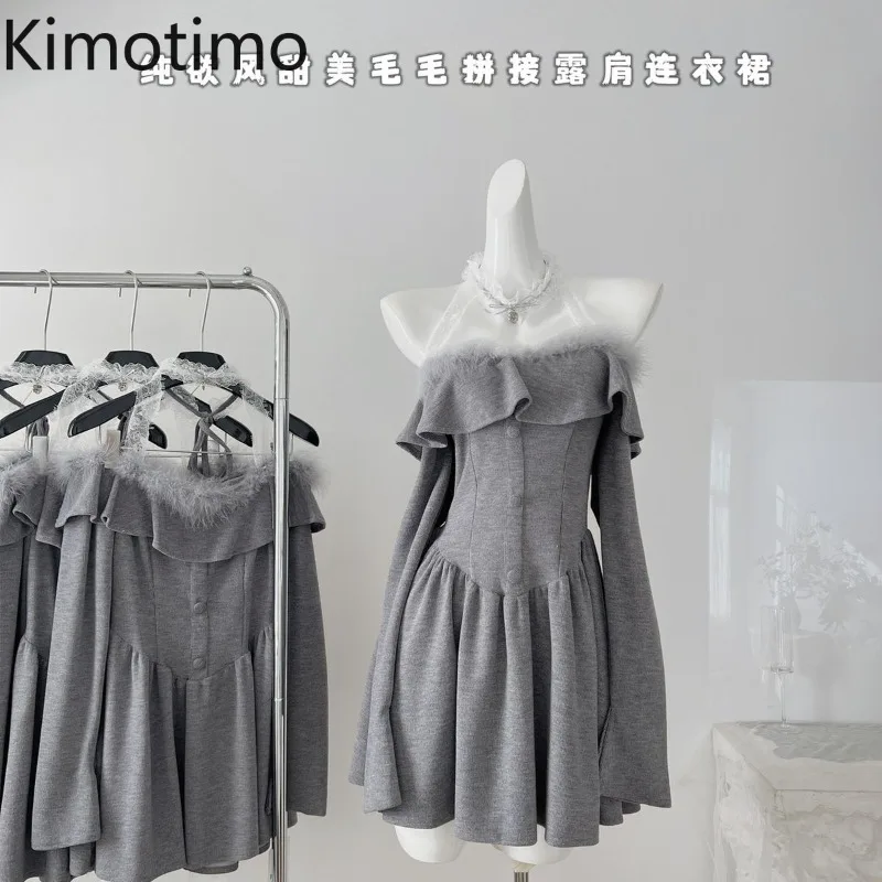 Kimotimo Gray Lace Halter Patchwork Mini Dress Women Spring Sexy Slash Neck Ruffle Long Sleeve Waist A Line Party Dresses 2025