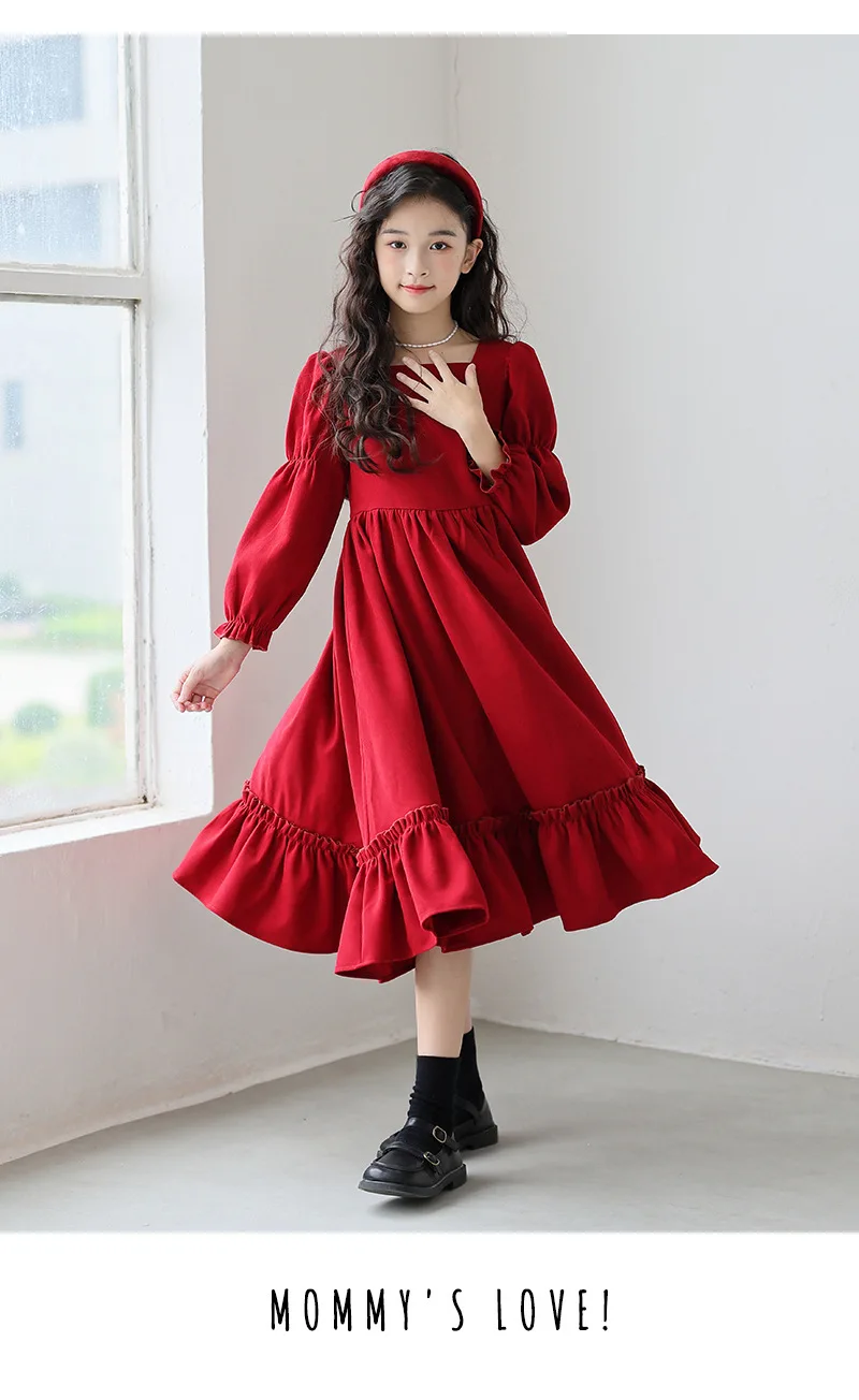 Kinder Mädchen Langarmkleider Herbst UNITIM 4-14 Jahre Kinder Mädchen Kleid mit quadratischem Kragen Rotes Kleid mit Rüschen Junior Mädchen Prinzessinnenkleider – Detail 7