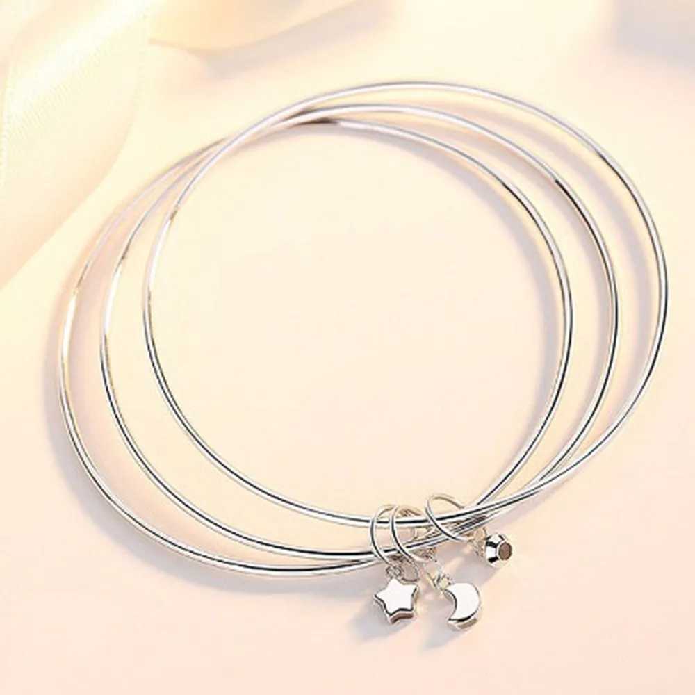 Real Pure Platinum 950 Bangle Women Star Moon Bead Three Loops Bracelet 10.7-10.8g