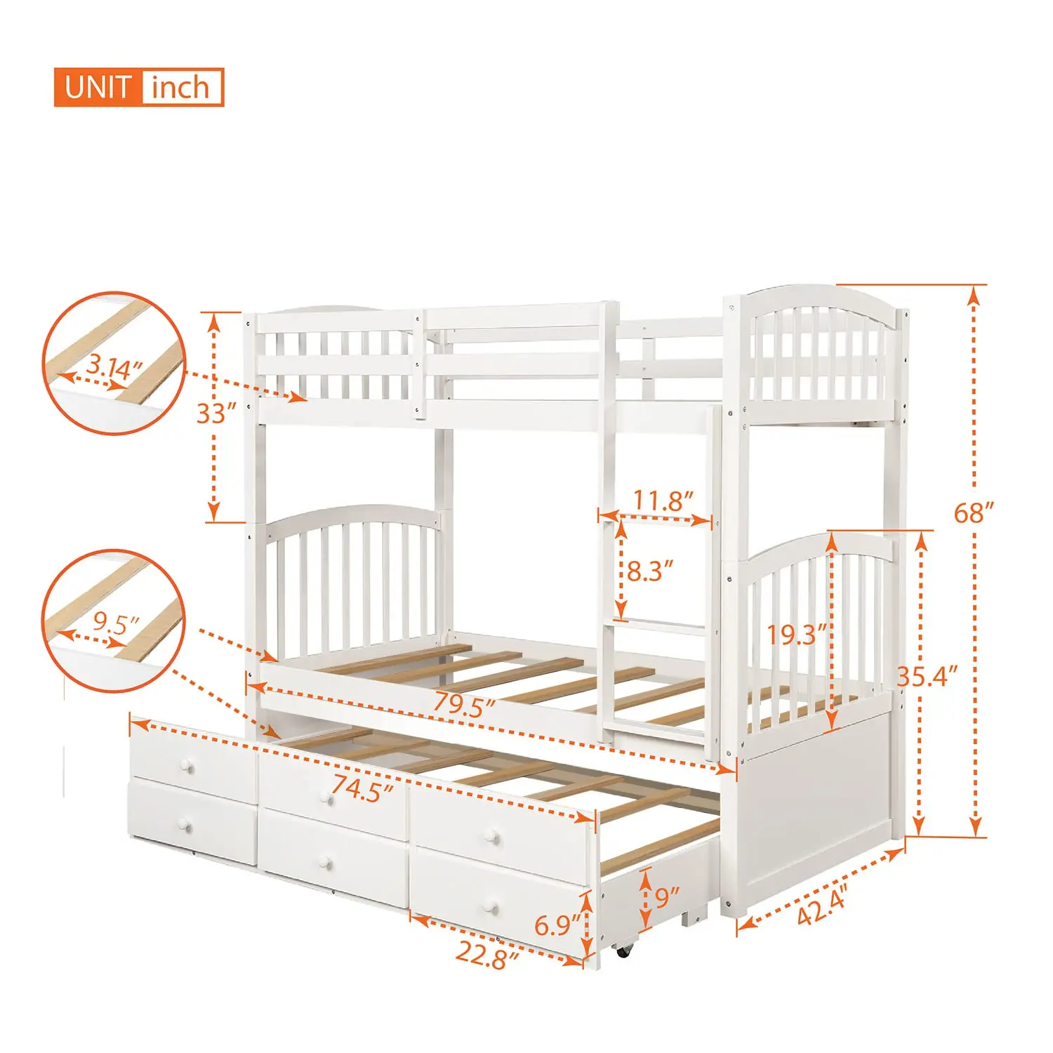 Twin Over Twin Bunk Bed With Trundle & 3 Drawers, Safety Rail, Removable Ladder, Separable Into 3 Beds, White, Customized