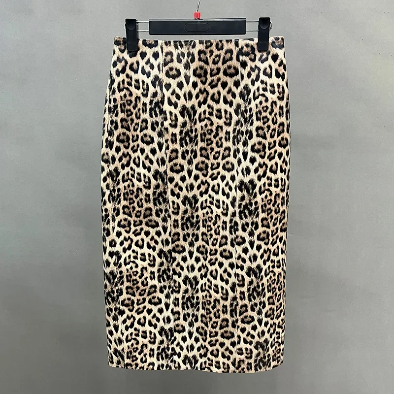 Chaqueta de cuero genuino con estampado de leopardo para mujer, conjunto de cuero de lujo, falda de moda, traje de señora