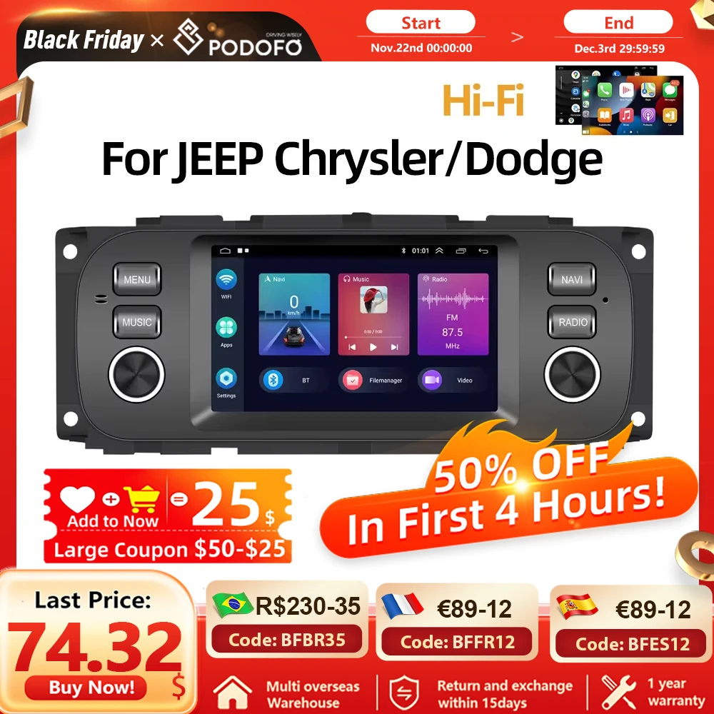 Podofo Android 2Din 5 \'\'Autoradio per JEEP Cherokee Dodge Chrysler lettore Video multimediale Carplay Autoradio lettore Stereo GPS