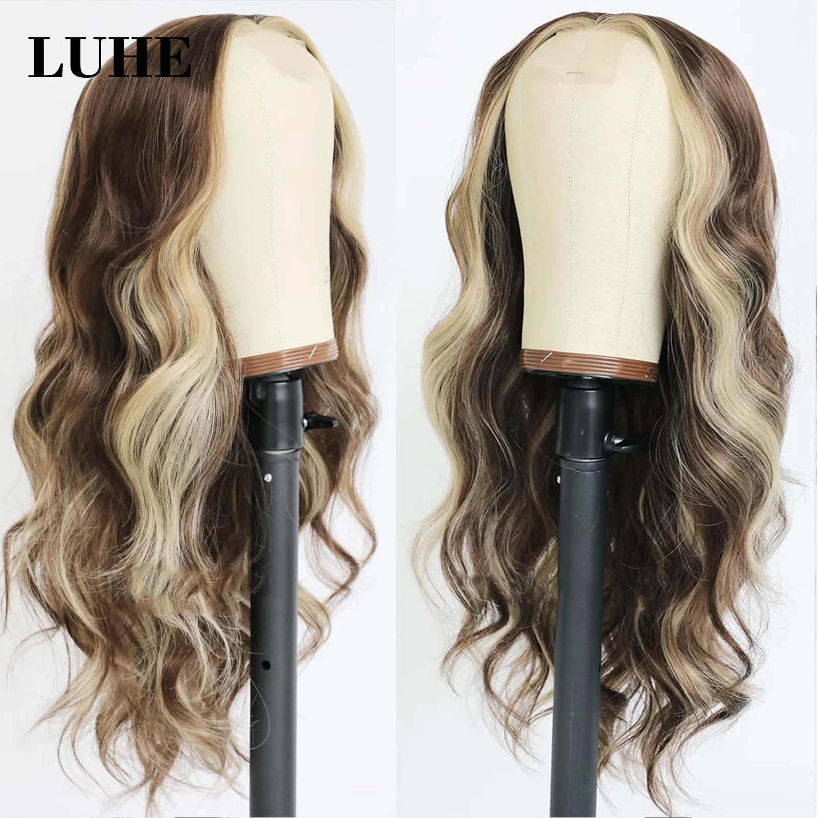 Brown with Blonde Stripe 13x3 Synthetic Hair Lace Front Wigs for Black Women 26Inch Long Natural Wave Lace Frontal Wig Daily Use