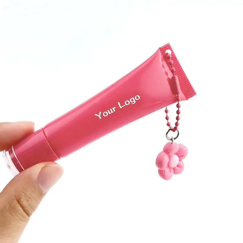 Empty Pink Lip Gloss Tube 15ml Keyhain Squeeze Tubes Soft Plastic Packaging Custom Logo Lip Oil Lipgloss Bottle Applicator 50pcs