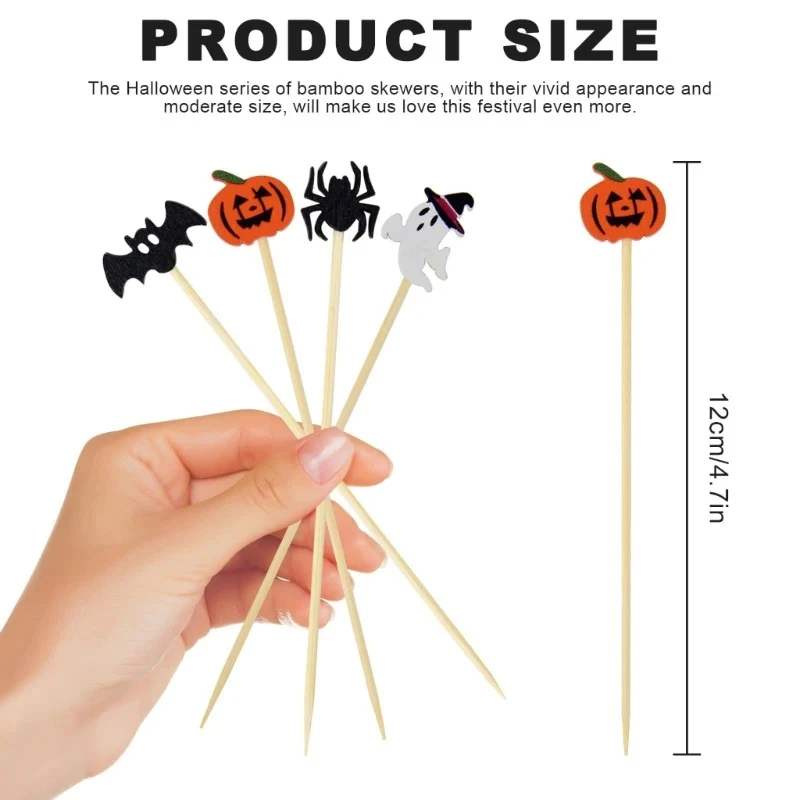 100pcs Halloween Pumpkin Bamboo Skewers Fruit Forks Buffet Dessert Toothpicks Cocktail Stick Ghost Bat Halloween Decoration