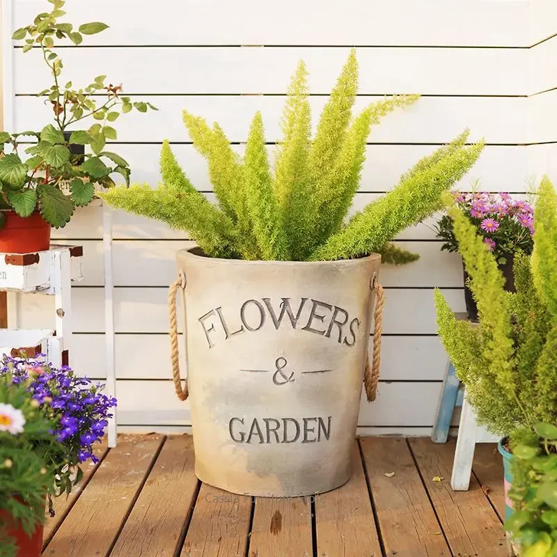 *&s Handled Vintage Cement-Like Flower Pot for Garden, Rustic Vase for Dry Flowers, American Floor Bucket for Florist Shop Decor
