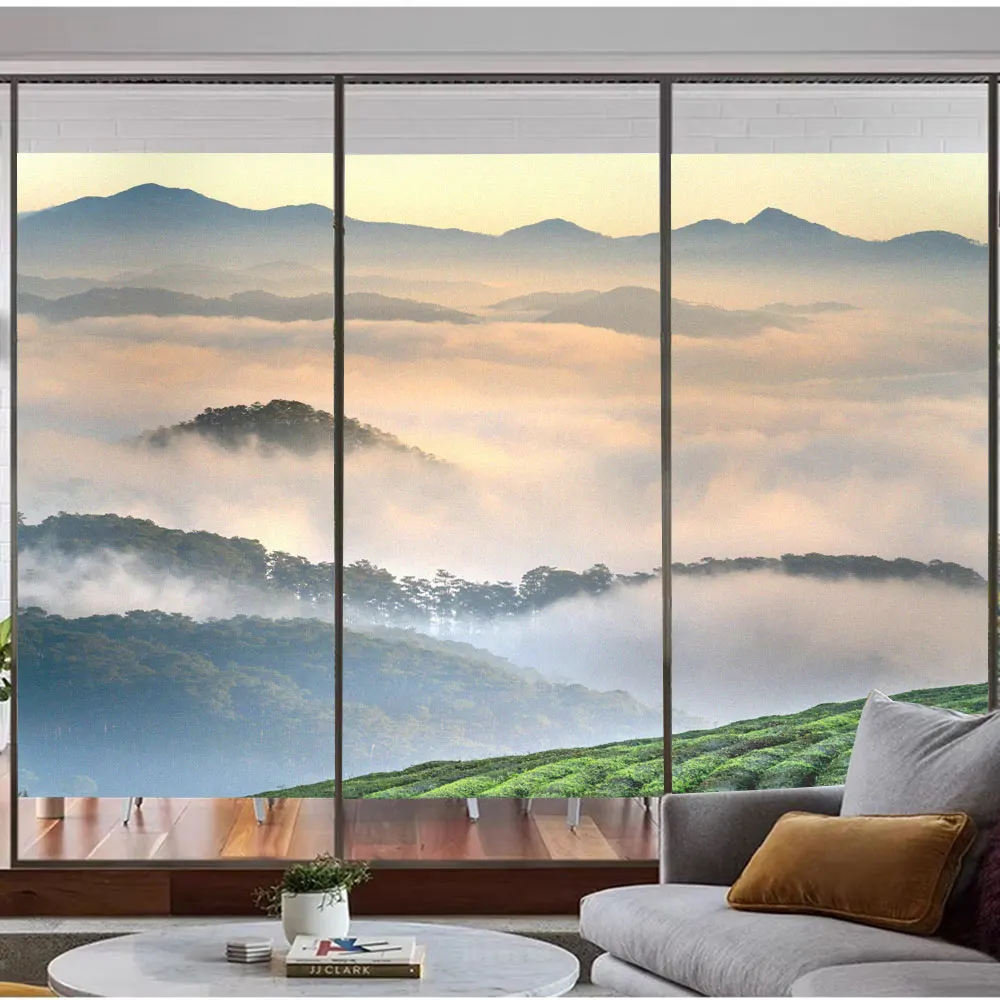 Patrón de vista de montaña brumosa, película decorativa para ventana de vidrio de privacidad, esmerilado, Anti UV, sin pegamento, adhesivo estático para puerta/ventana de vidrio