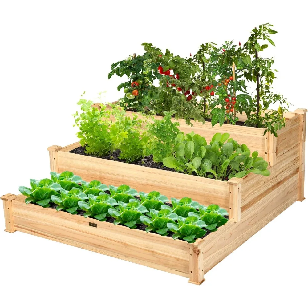 Cama de jardim elevada de 3 camadas, caixa de plantador elevada de madeira, kit de cama para cultivo de flores e vegetais, recipiente de plantio ao ar livre para quintal