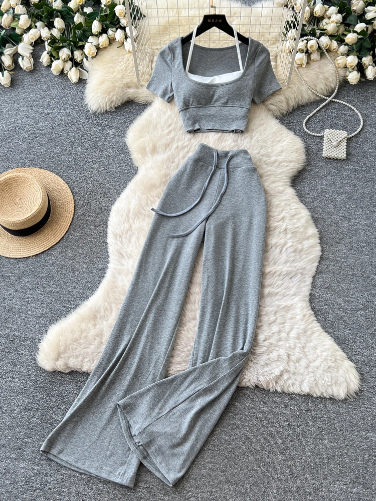 

Summer Casual Slim Fit Vest High Waist Wide Leg Pants Two Piece Set Women's Fashion Ensemble Pure Color Business Commute Wear