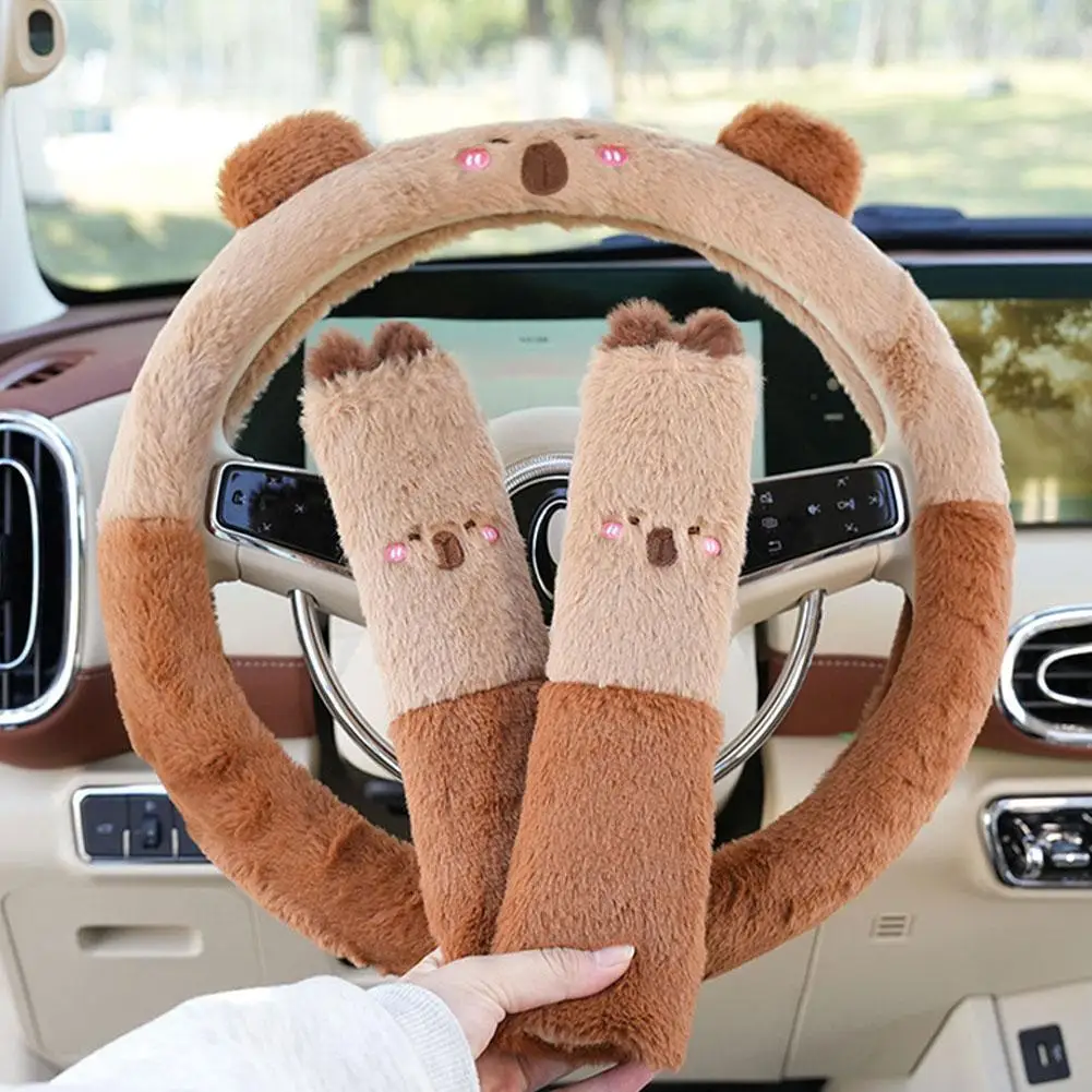 Winter Warm Soft Plush Cartoon Capybara Car Interior Accessories Car Steering Wheel Cover Handble Cover Car Accessories