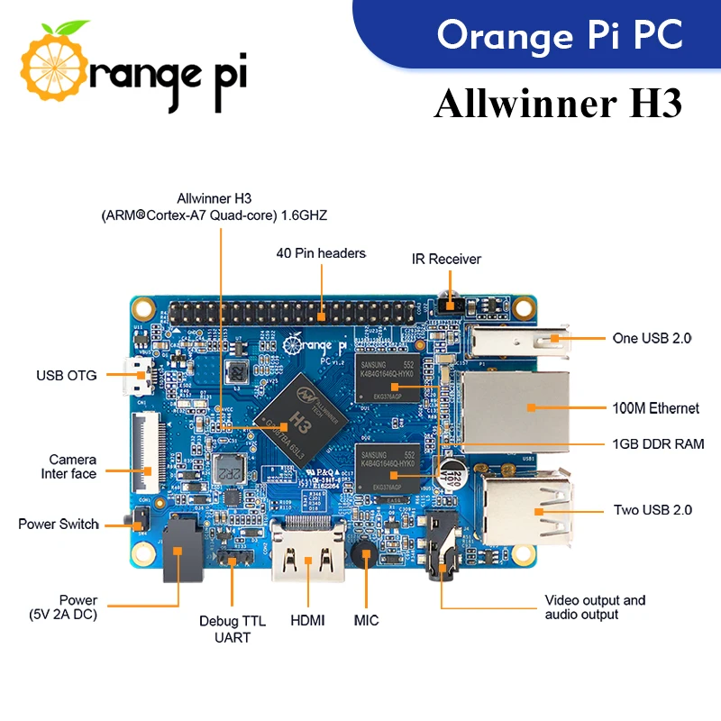 Orange Pi PC + حافظة + مصدر طاقة كمبيوتر لوحة واحدة 1 جيجابايت رام Allwinner H3 لوحة تطوير تجريبية تشغيل نظام التشغيل Android Ubuntu Debian OS