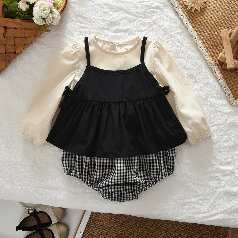Koreanische Version Frühling und Herbst 1-5 Jahre Alte Schwestern Set Langarm Kariertes Kleid+Trägerweste Zweiteiliger Baby-Overall – Detail 9