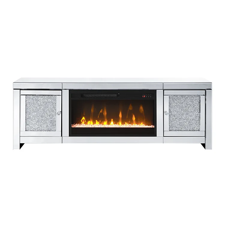 

TV cabinet with simulated fire fireplace electronic creative light luxury Nordic silver mirror decorative heating winter cross-b