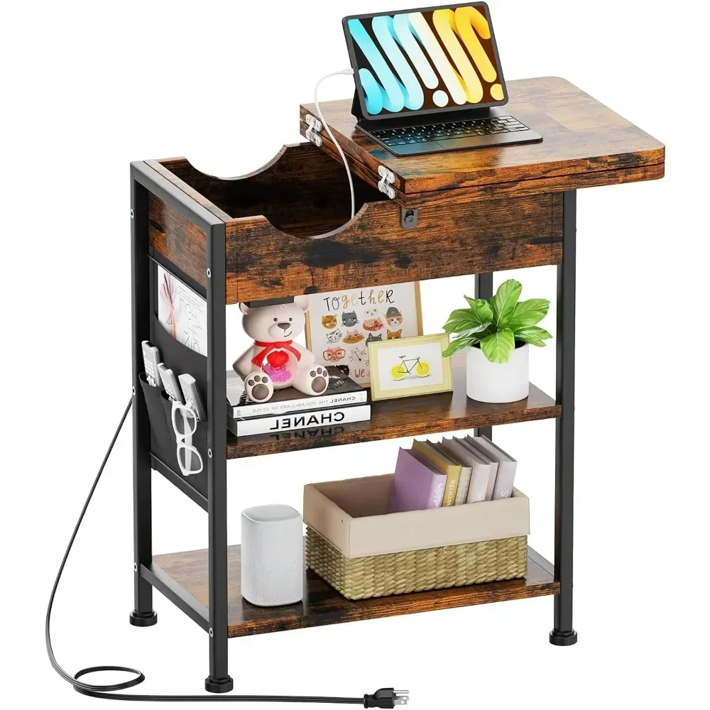 Side Table end Table with Charging Station Living Room Narrow end Tables with Storage Bedside Table Flip Top Night Stand