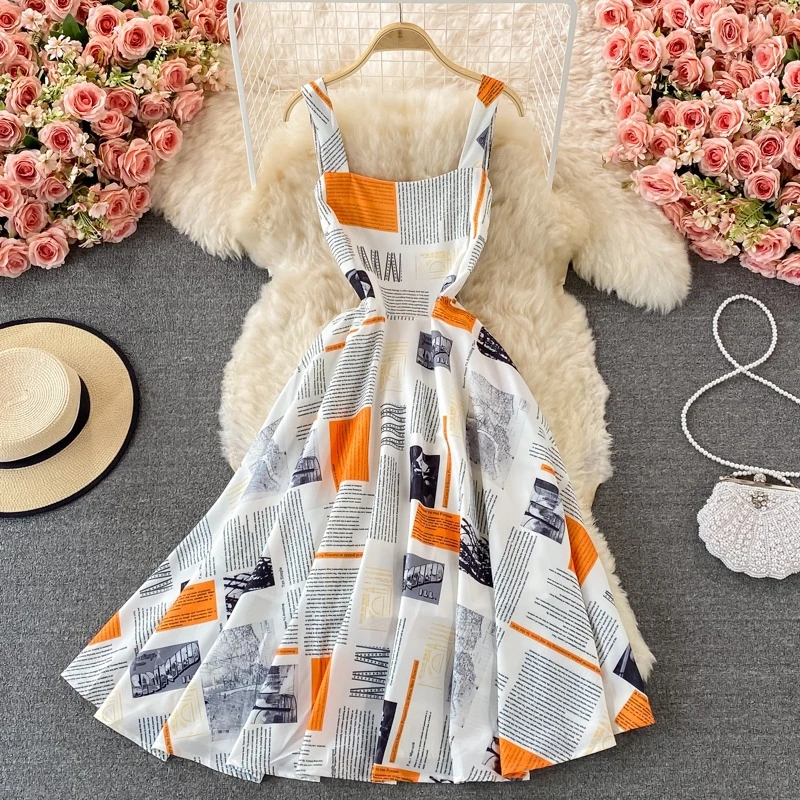

2025 Summer Strap Skirt Korean Version Waist Cincned Slim Sleeveless Letter Printed Sleeveless Big Swing Dress
