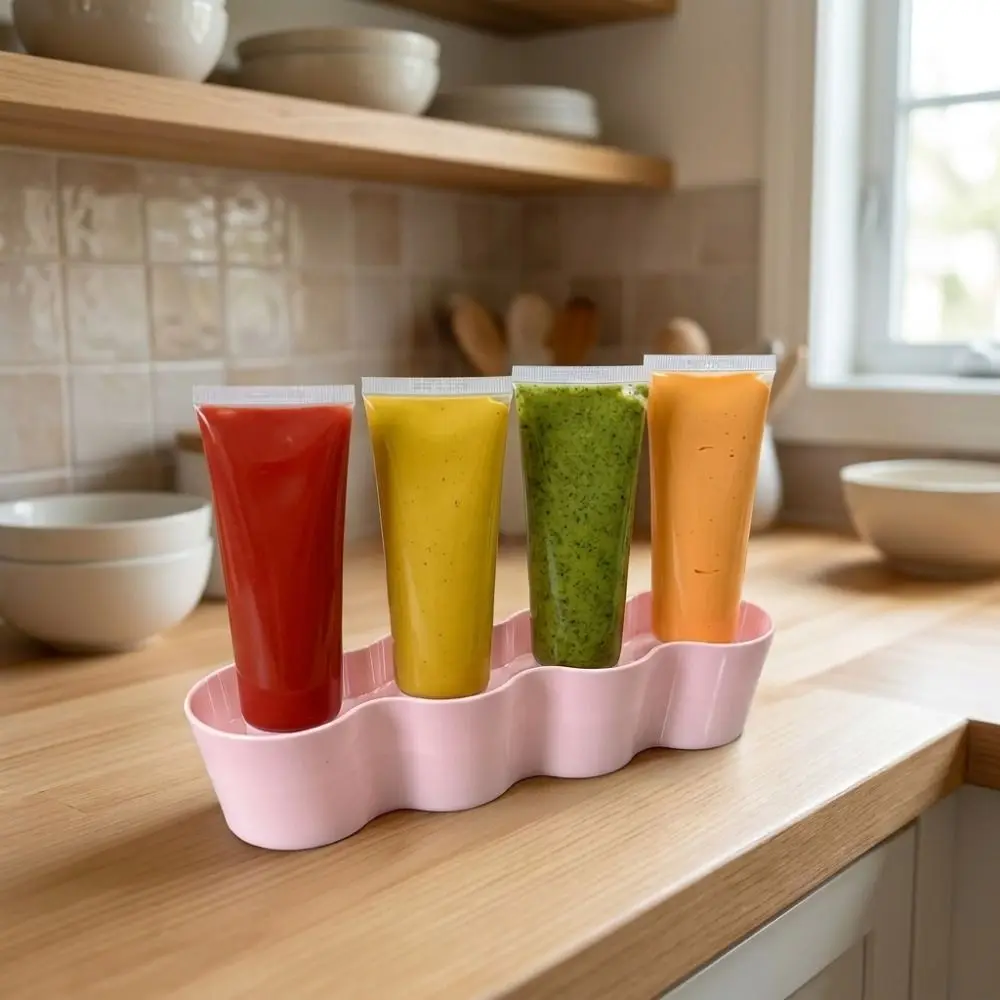 4 Slots Sauce Tube Storage Holder Wave Shaped Plastic Ketchup Tube Fixing Shelves Prevent Sauce Tipping 3D Printing