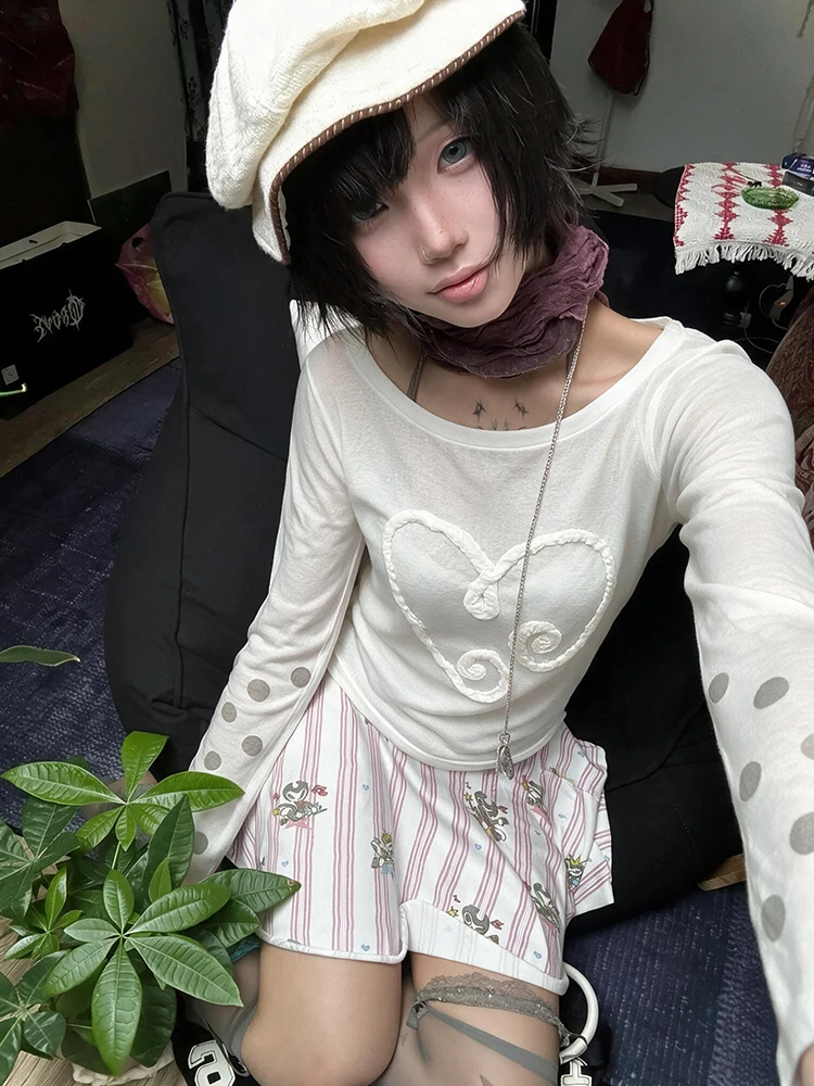 Genayooa Y2k Japanisches T-Shirt für Damen, Langarm-Punkt-T-Shirt, Streetwear, koreanischer Stil, Vintage-Tops, Fairycore, 2000er Jahre, T-Shirts, E-Girl – Detail 7
