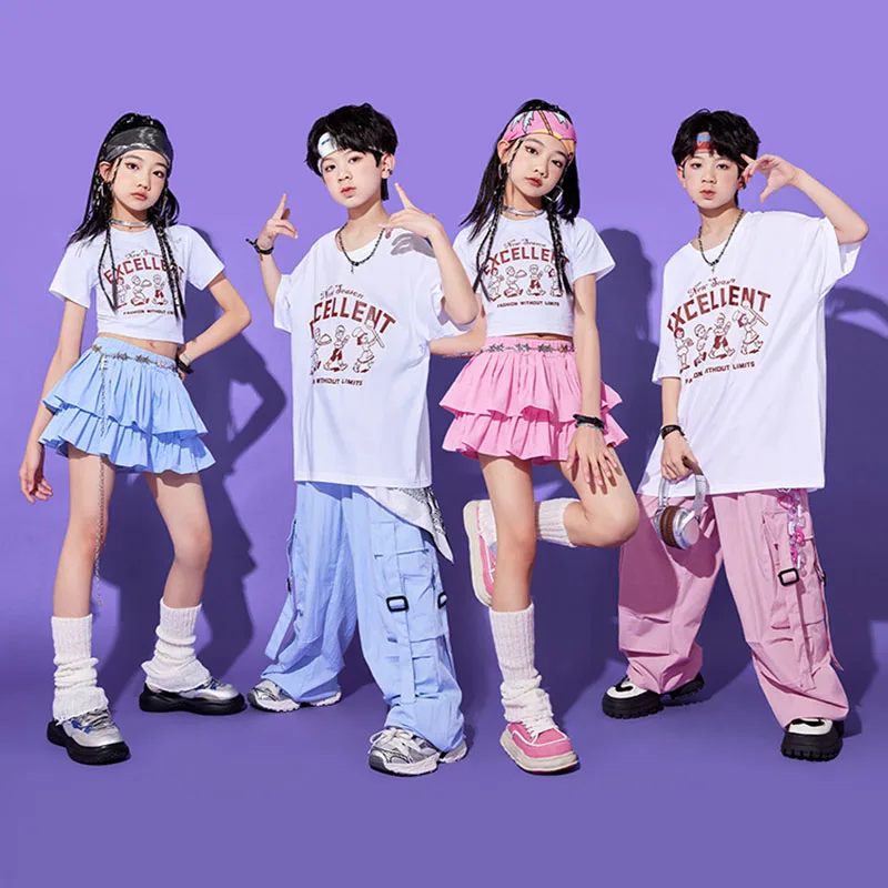 

Kid Hip Hop Clothing White Crop T Shirt Pink Blue Purple Parachute Cargo Pants Layered Pleated Skirt for Girl Boy Dance Costumes