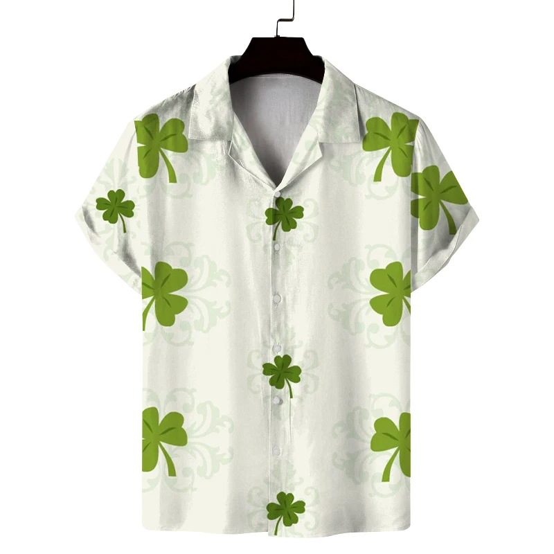 

Men's summer Cuban collar short-sleeved shirt Lucky Clover print men's shirt comfortable and breathable