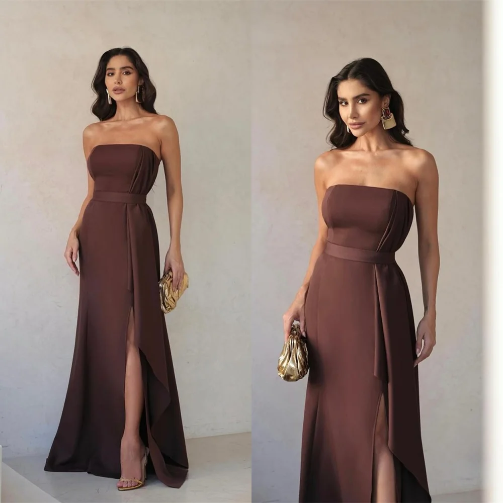 Customized Fashion  Jersey Evening Dress Exquisite Strapless Sleeveless Zipper Back Side Slit Backless Open Back Celebrity Gowns
