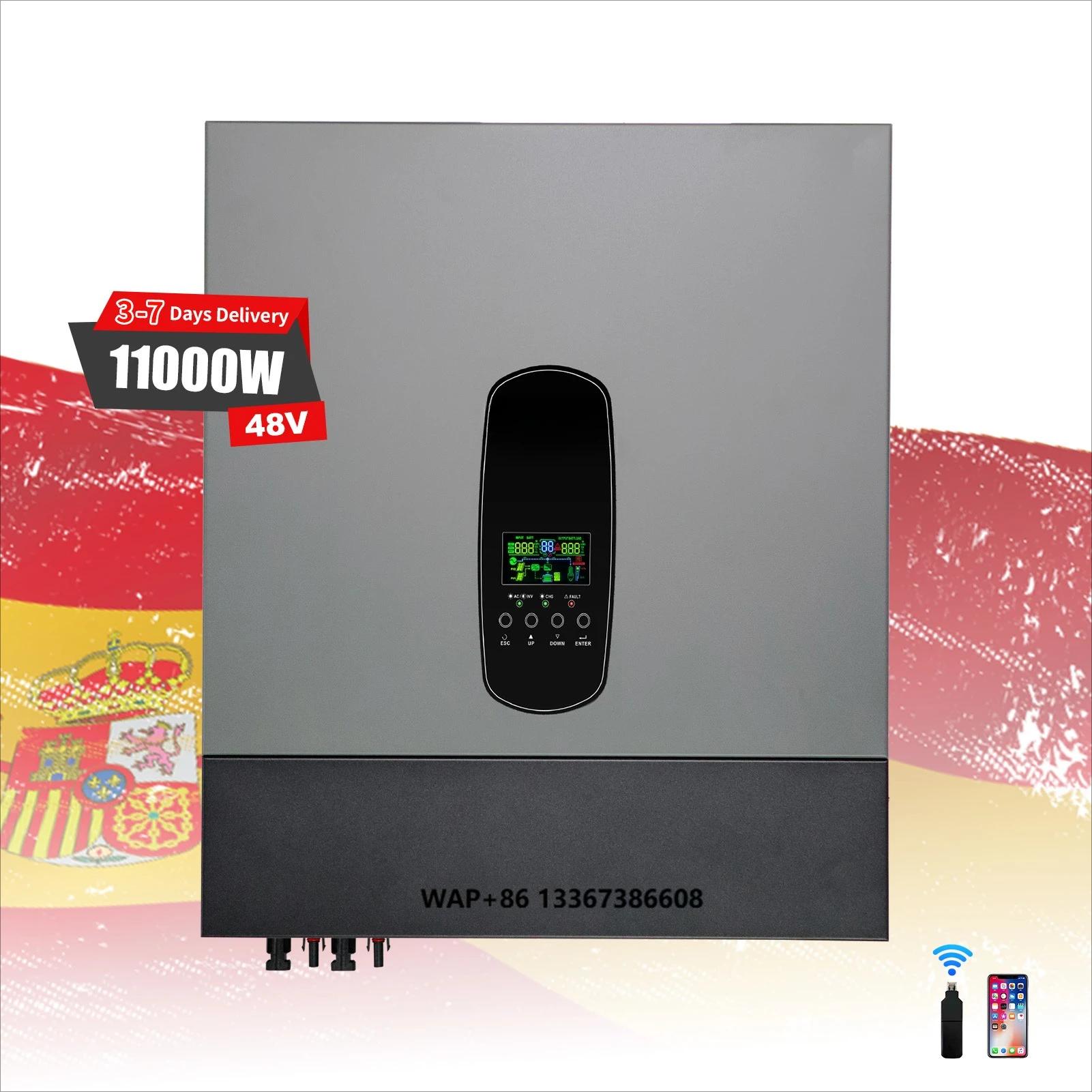 11KW 48V There Phase Supports Parallel 48V DC to 20V 230V AC Hybrid Solar Inverter with MPPT Controller