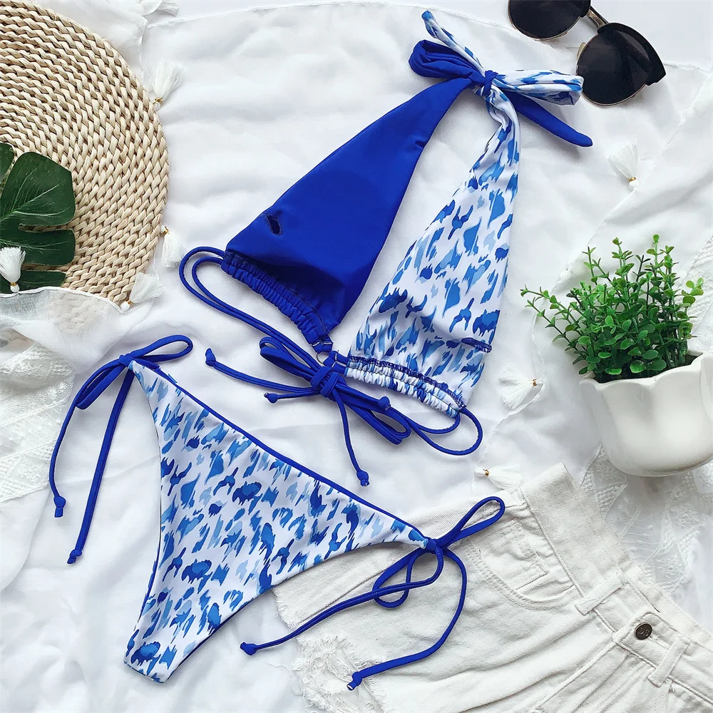 섹시한 프린트 비키니 백 레스 붕대 홀터 매듭 수영복 가역 가죽 끈 패치 워크 수영복 여성 비치 복장 수영복