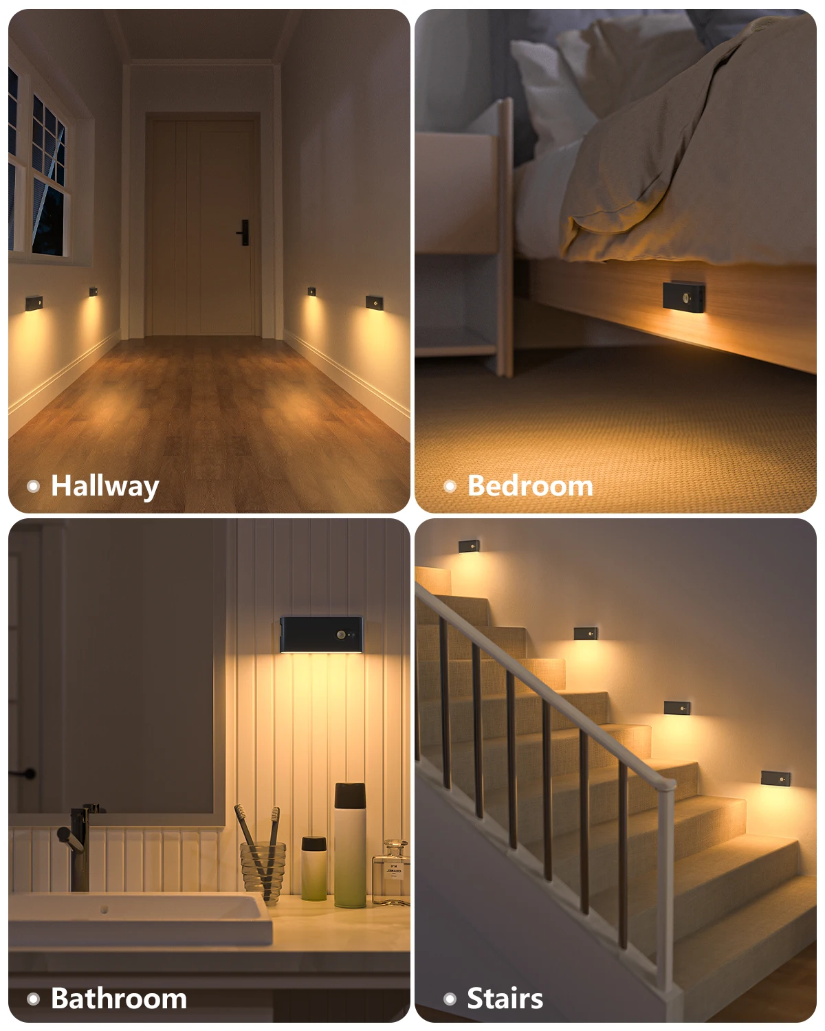 WILLED Motion Sensor Night Light Warm White Indoor Rechargeable Stair Light Indoor for Hallway Stairway Bathroom Bedroom Kitchen