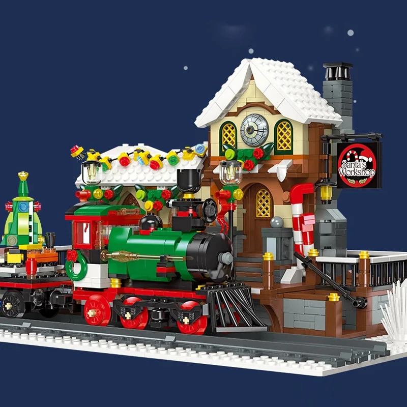 1362PCS Winter Train Station Building Blocks With Light Railway Bricks Model Toys Ornament Christmas Gifts For Adult Children