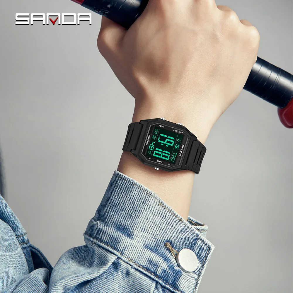 SANDA 6355 Unisex Students Sport 5ATM Waterproof Multi-Function Electronic Wristwatch with Luminous Alarm LED Outdoor Stop Watch