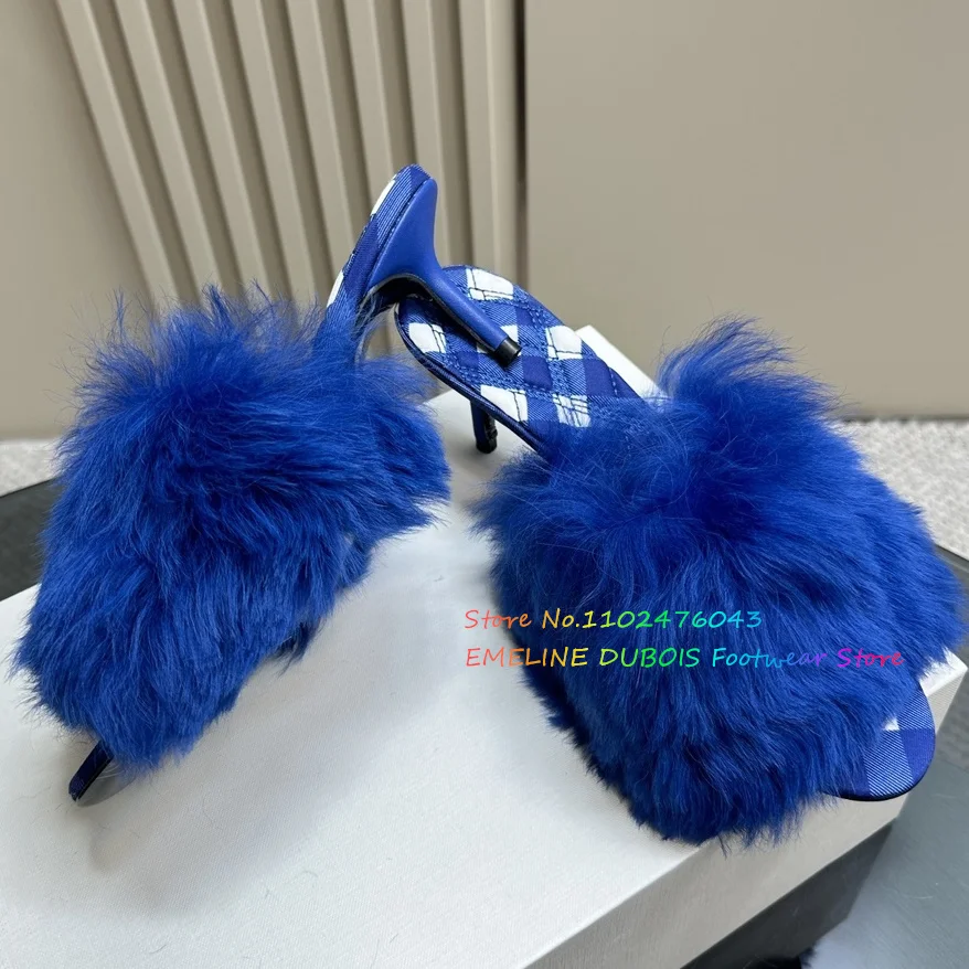 2023 New Women's High Heel Fur Slippers Puffy Shoes Formal Slides Bohemian Fashion Summer Outdoor Brand Dress Sandals