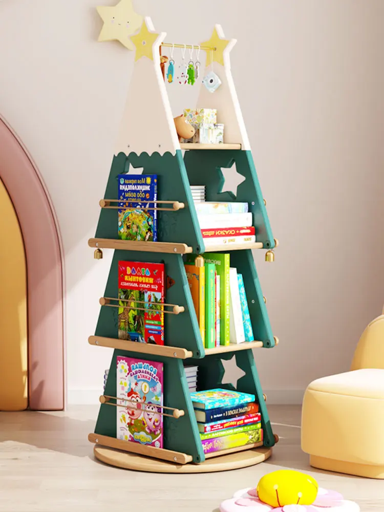 

Children's rotating bookshelf solid wood shelf landing bookcase reading area storage shelf Christmas tree