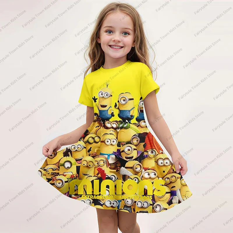 MINISO New Summer Girls Dress Cartoon Minions Party Casual Home Dresses For Children Girl 3D Print Short Sleeves Women Dress