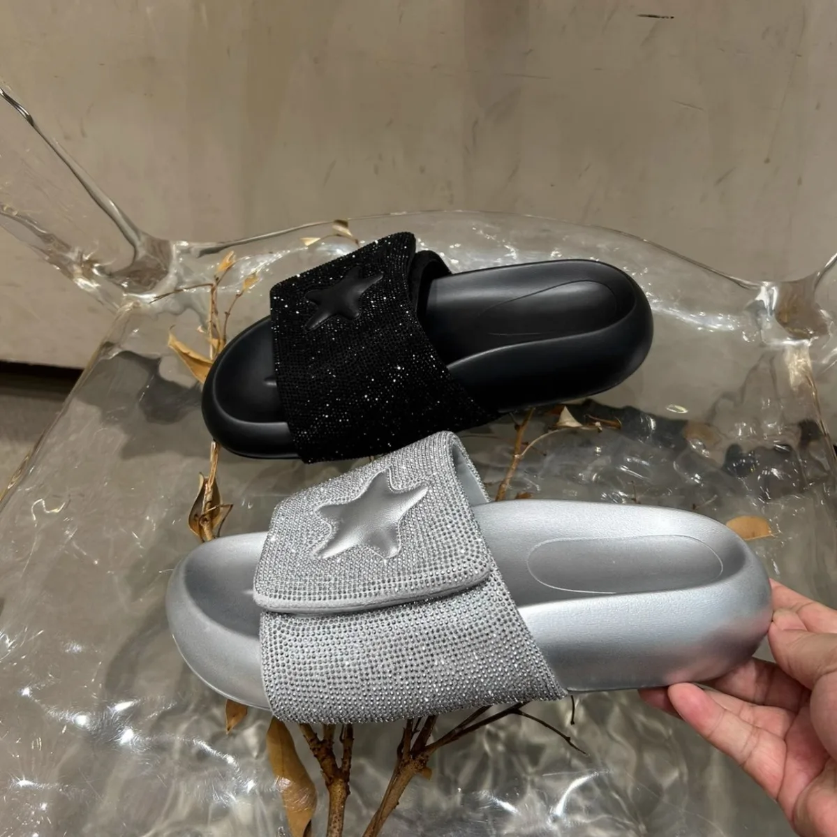 

​Structural Crystal-Encrusted Footwear with Signature Stellar Motif and Ergonomic Arch Support Base Slippers for Women